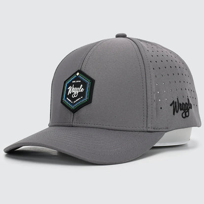 Gray baseball cap with a logo on a white background