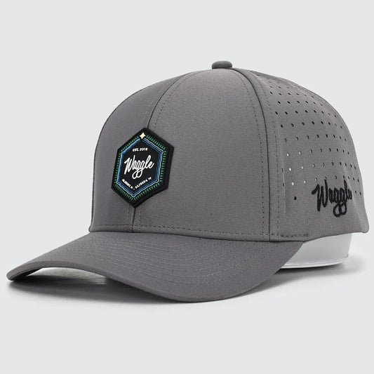 Gray baseball cap with a logo on a white background
