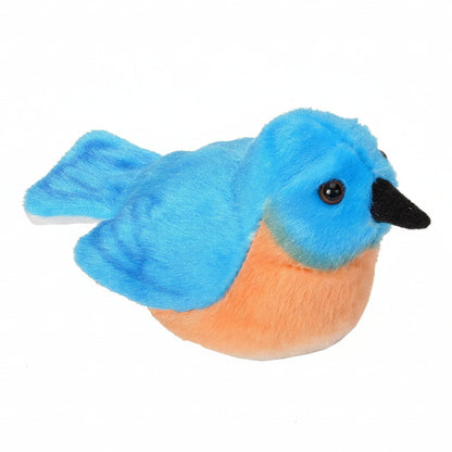 Plush toy bird with blue and orange colors on a white background
