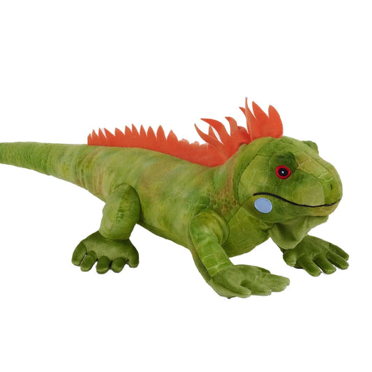Green plush toy lizard with red crest on a white background